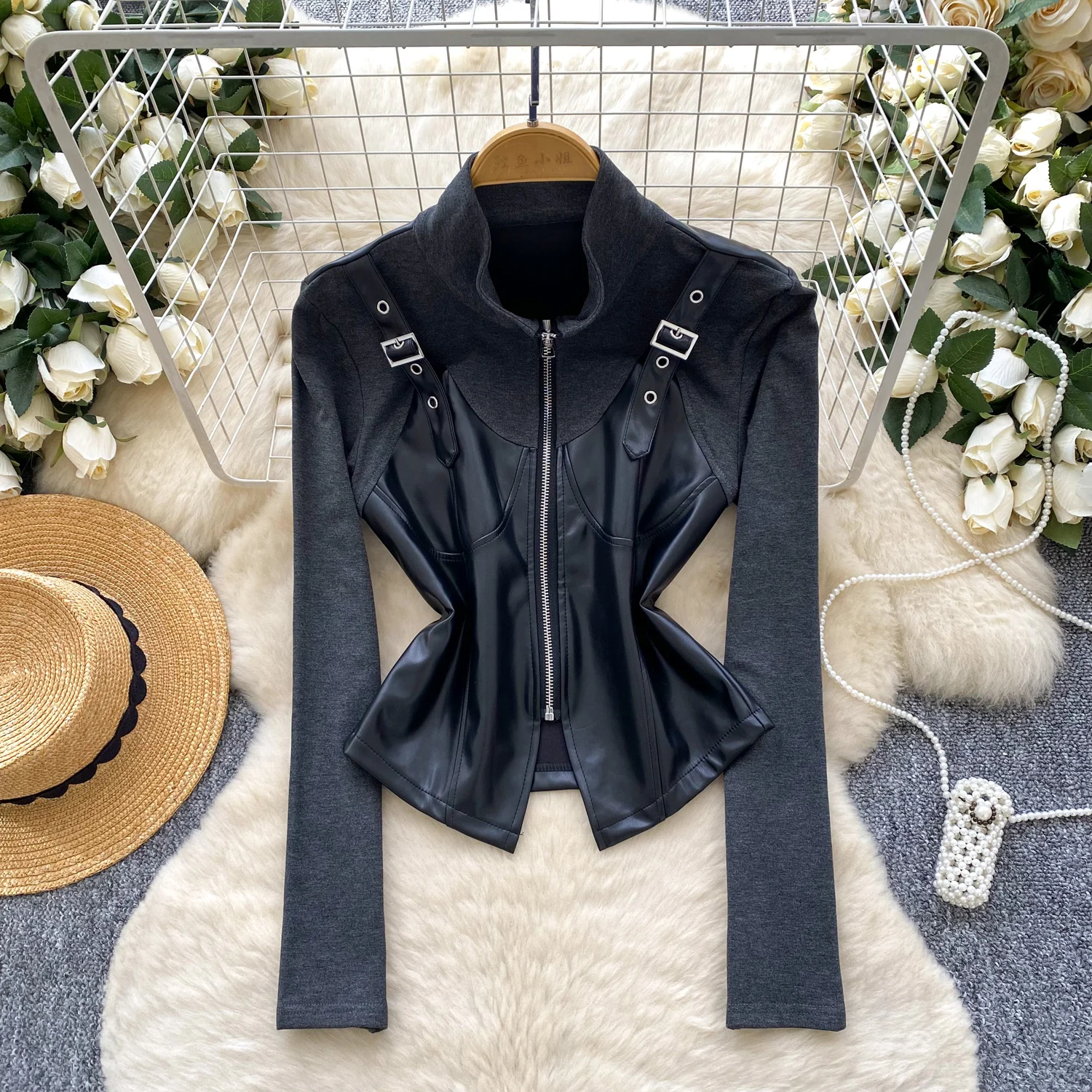 女性用冬用ジッパー付きPUフェイク2ピースデザインコートジャケット レディース Y2K インスシック モトバイカージャケット スタンドネック ホットスウィート パンク ゴシックコート