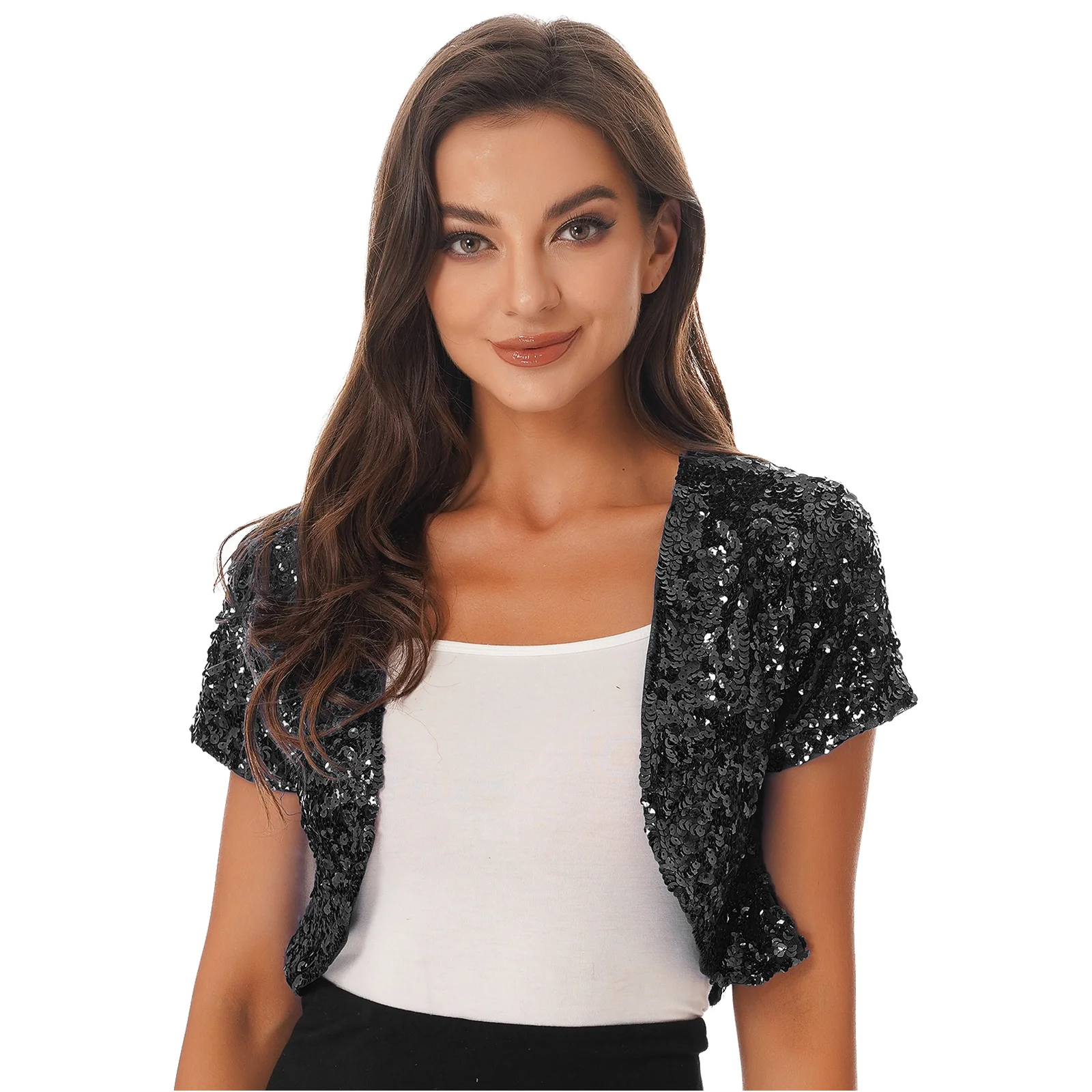 Sequins Women Short Sleeve Cropped Coat Shiny Dance Top Bolero Shrug Cardigan Jacket Glitter Waistcoat Stage Performance Outwear