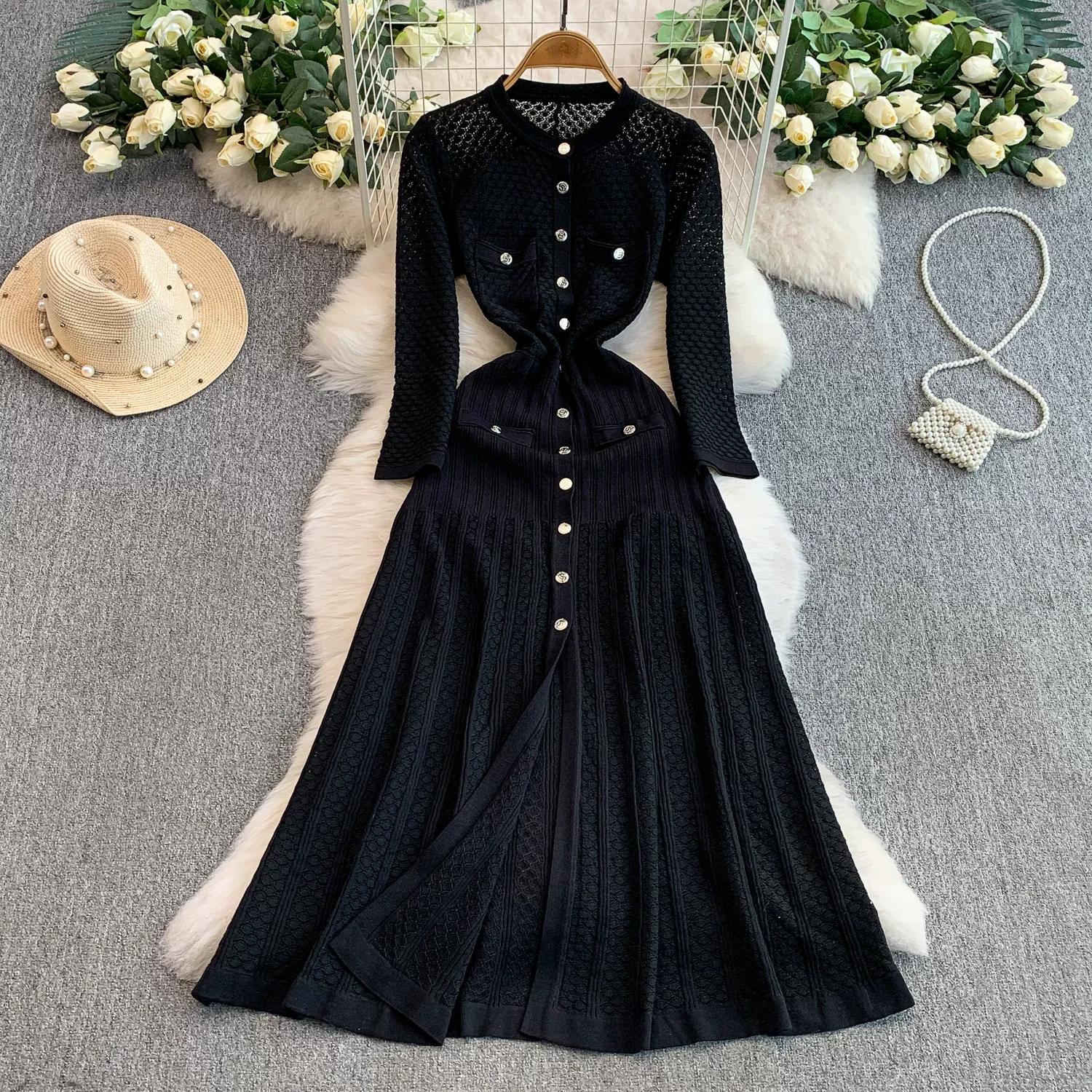 

Elegant Lady Knitted Long Dress Single-Breasted Sleeveless O-Neck Button Bodycon Autumn Party Women's Solid Color Female Vestido
