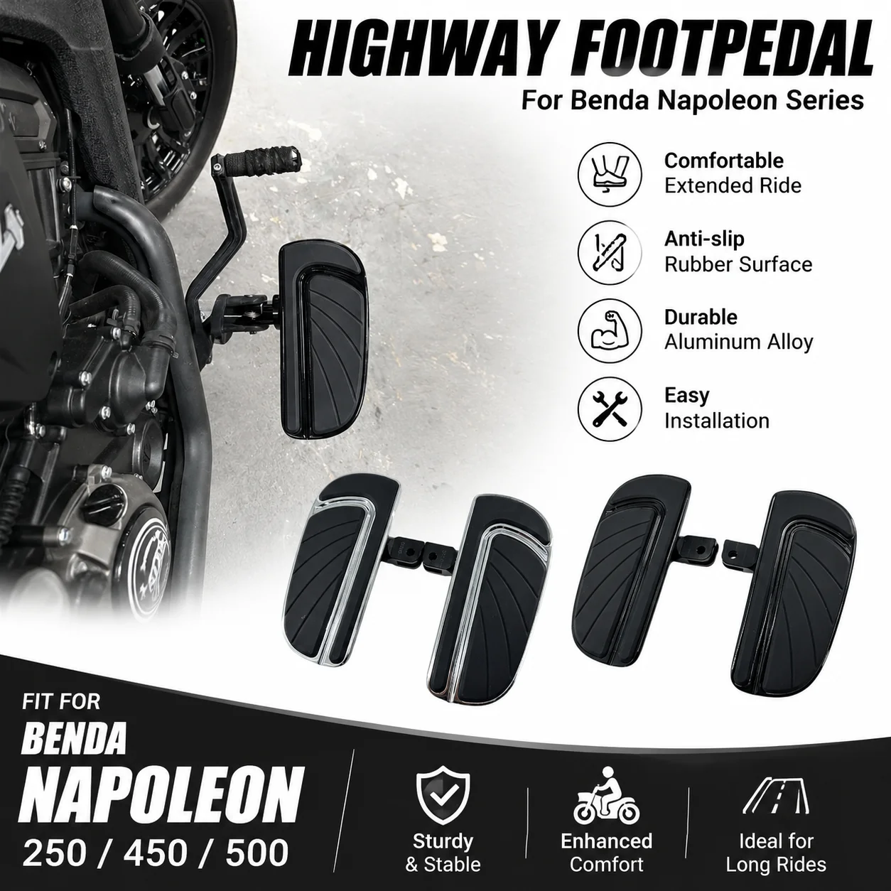 1 set of retro modified anti-slip front foot pedals for Benda Napoleon 250, 450 and 500