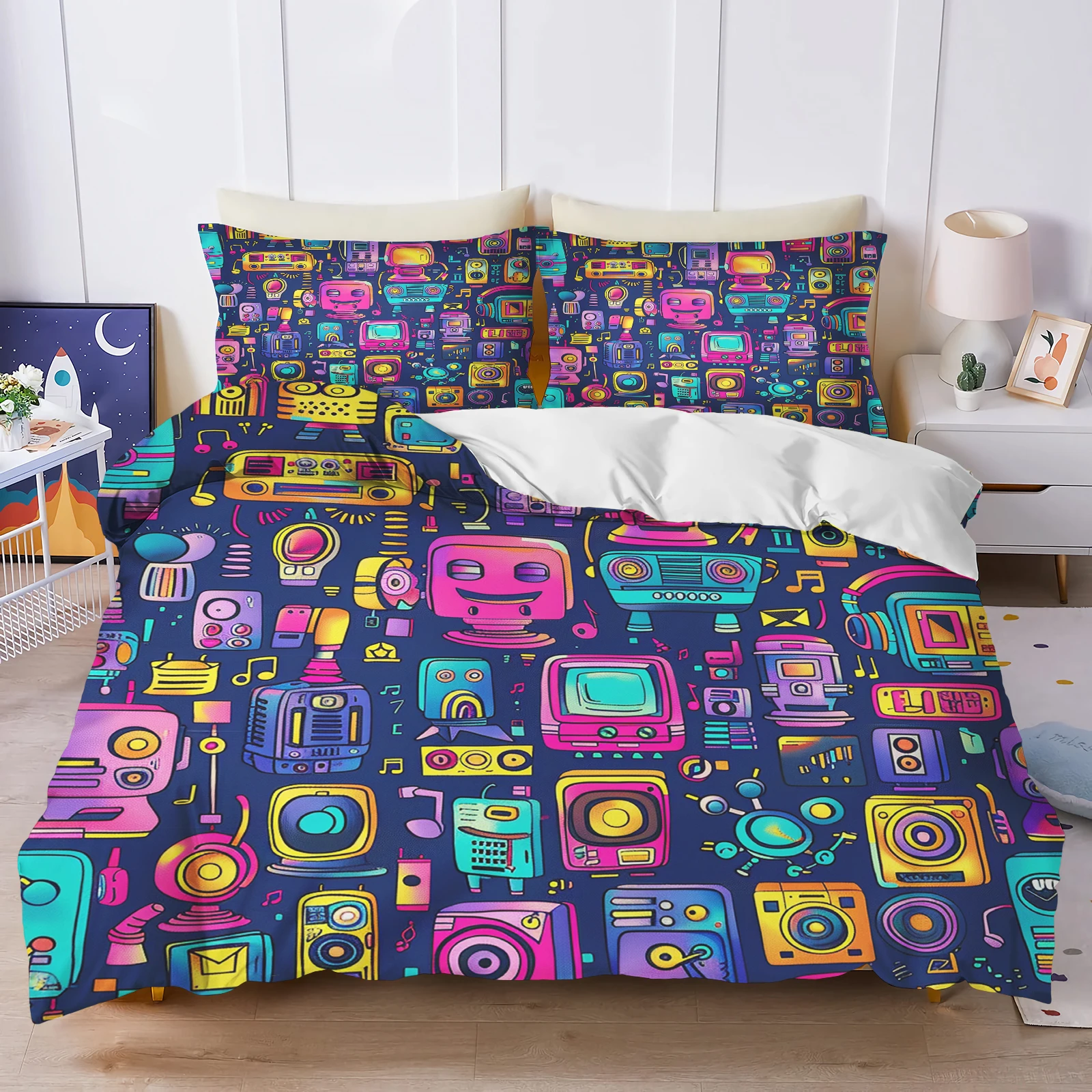 3 Piece Robot Cartoon Bedding Set Twin Size Luxury 100% Polyester Duvet Cover Modern Print For Kids Boys Bedroom