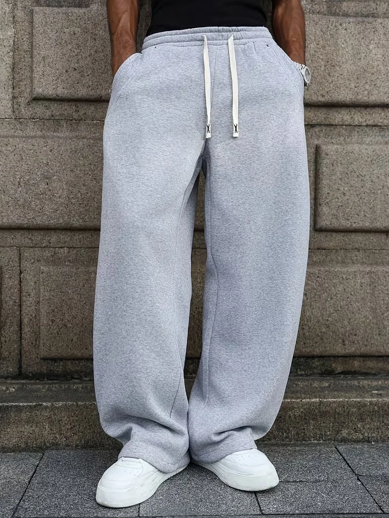 Men Casual Wide Leg Sweatpants, Double Drawstring Elastic Waist, Rivet Decor, Draped Knit Fabric, Loose Fit, Side Seam Pockets, Streetwear Versatile Long Trousers