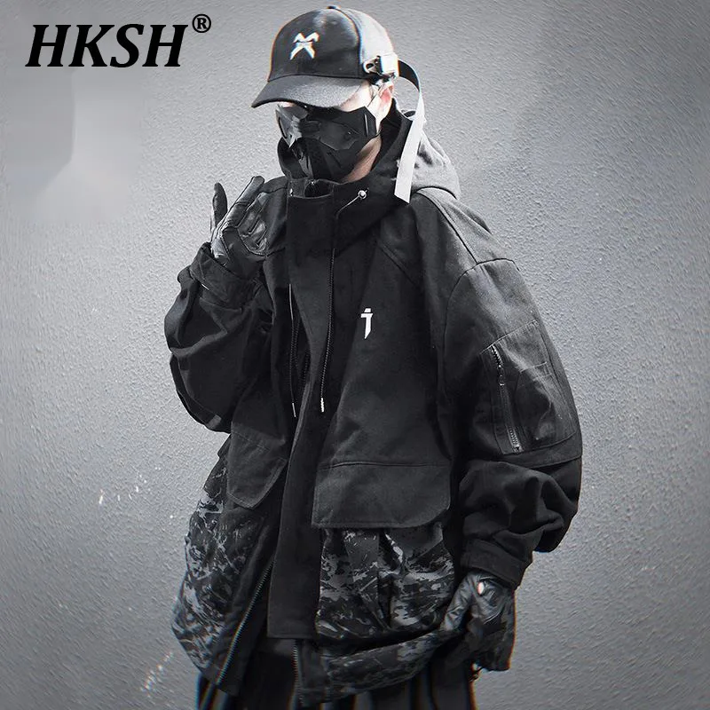 HKSH Heavy Industry 2025 Spring Autumn New Men Dark Pockets Inkjet Printed Hooded Jackets Loose Casual Trendy Brand Coats HK3954