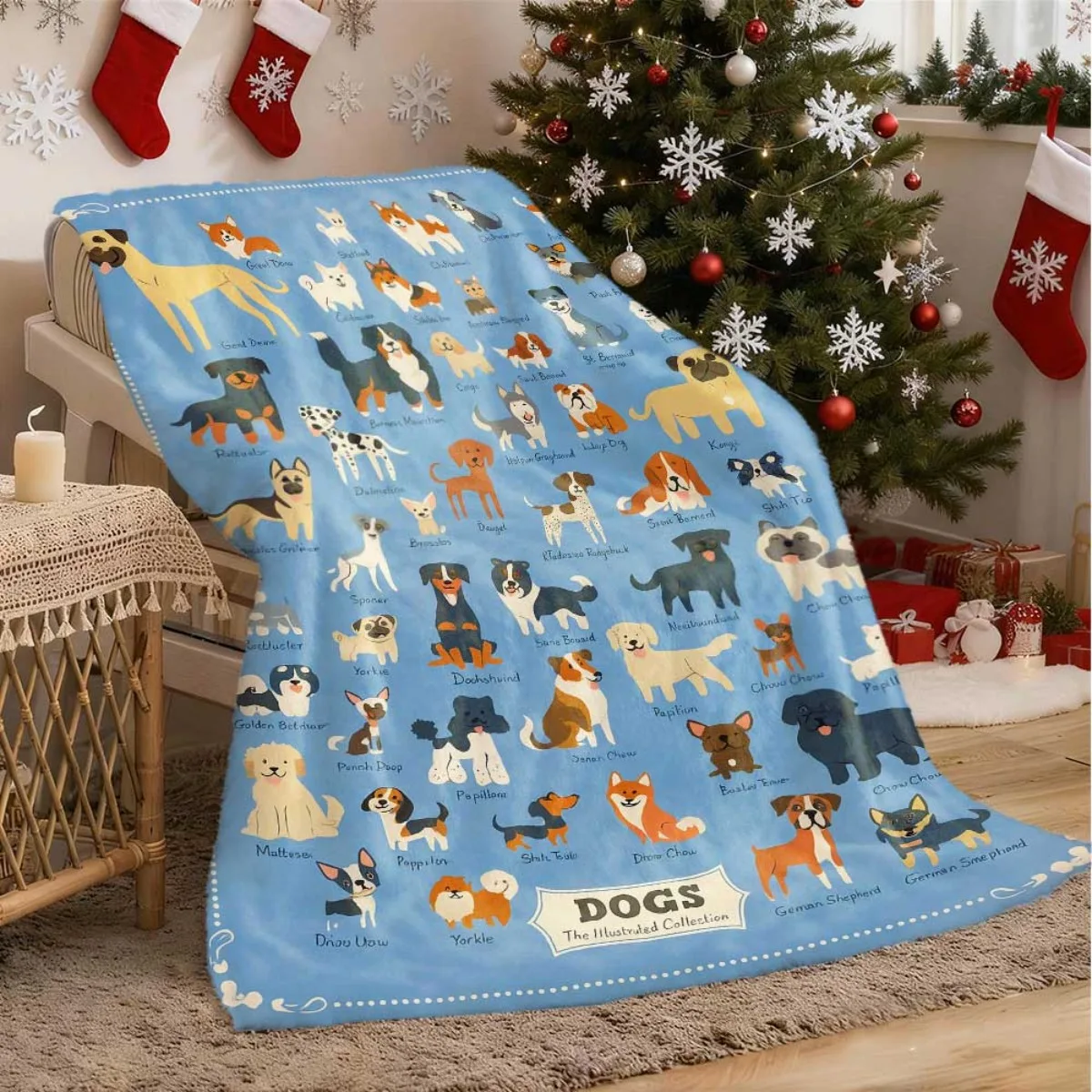 Cute Hand Drawn Different Kinds Of Dogs Breed Label Cartoon Art Pattern Soft Blanket Fit Living Room Bed Travel Multi-scene Home