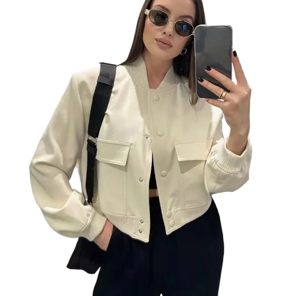 2024 New Women Fashion with Pockets Bomber Jacket Coats Vintage Long Sleeve Front Button Casual Female Outerwear Chic Tops