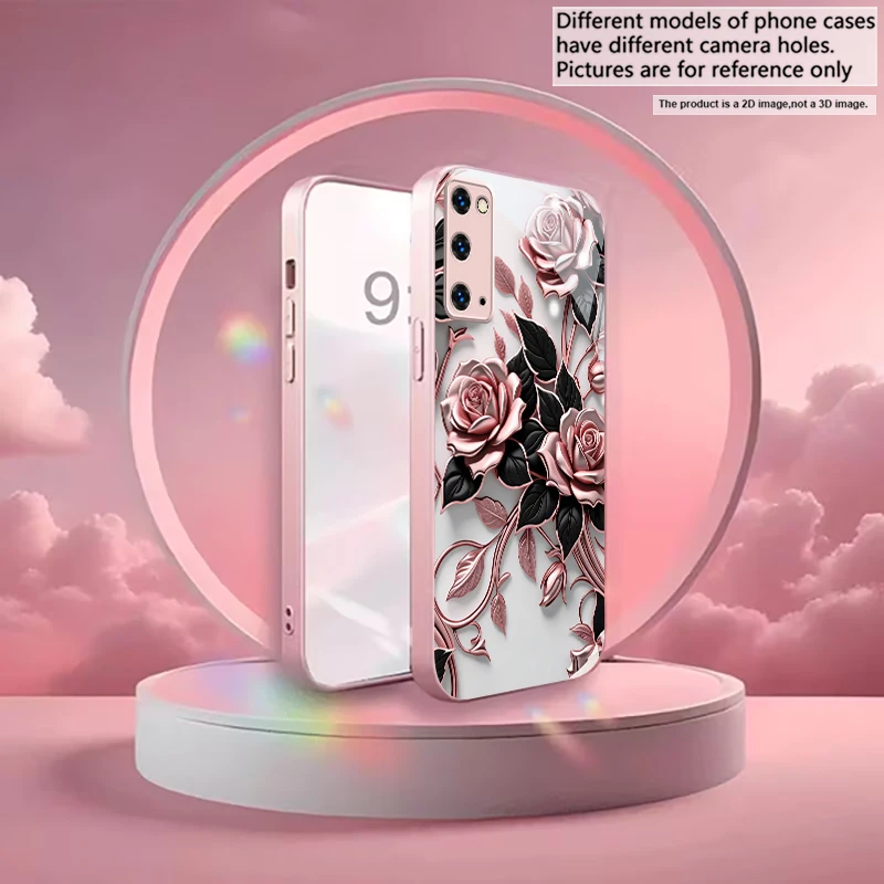 Black Metallic Floral Pink Metallic Glass Phone Case For Samsung Galaxy S26 S25 S24 S23 Ultra Plus FE S8 S9 S10 Note8 9 10 Cover