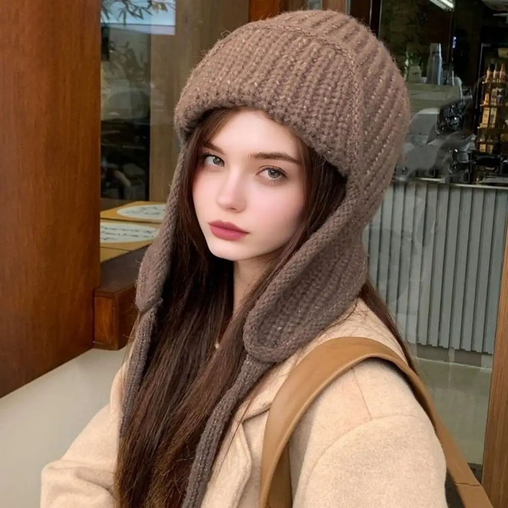 Women Knitting Hat Lace-up Knit Cap Solid Color Ear Protection Winter Headwear Elastic Hat Cold Weather Windproof Lei Feng Hat