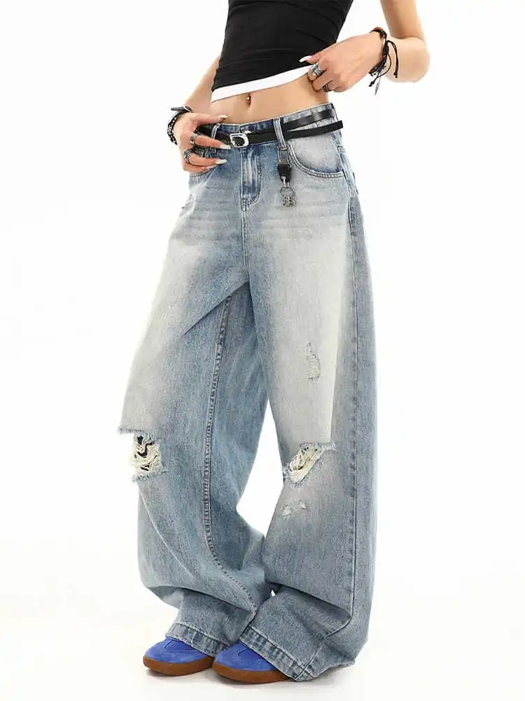 

Women Blue Y2k Baggy Ripped Jeans Harajuku Vintage Denim Trousers Japanese 2000s Style Grunge Jeans Pants Oversize Clothes 2025