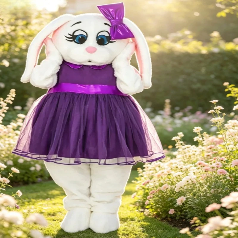 Disfraz de Mascota de Conejo Blanco de Pascua con Vestido Morado para Adultos, Traje de Muñeco Andante para Fiestas de Disfraces de Halloween y Navidad