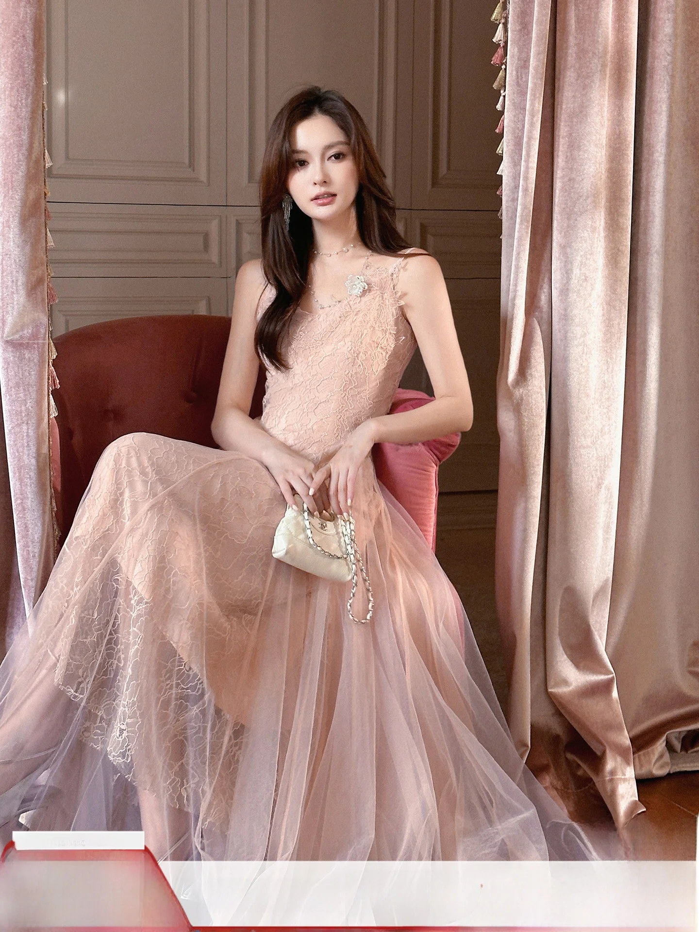 

Slimming Lace Splice Me Strap Women's Dr High Waist French Sle A-Line Skirt Nylon Cotton Blend Spring Season Daily Wear