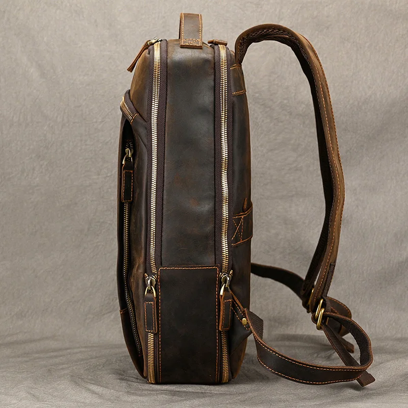 Vintage Travel Backpack leather double zipper bagpack male crazy horse leather backpack handmade leather travel bag men bag