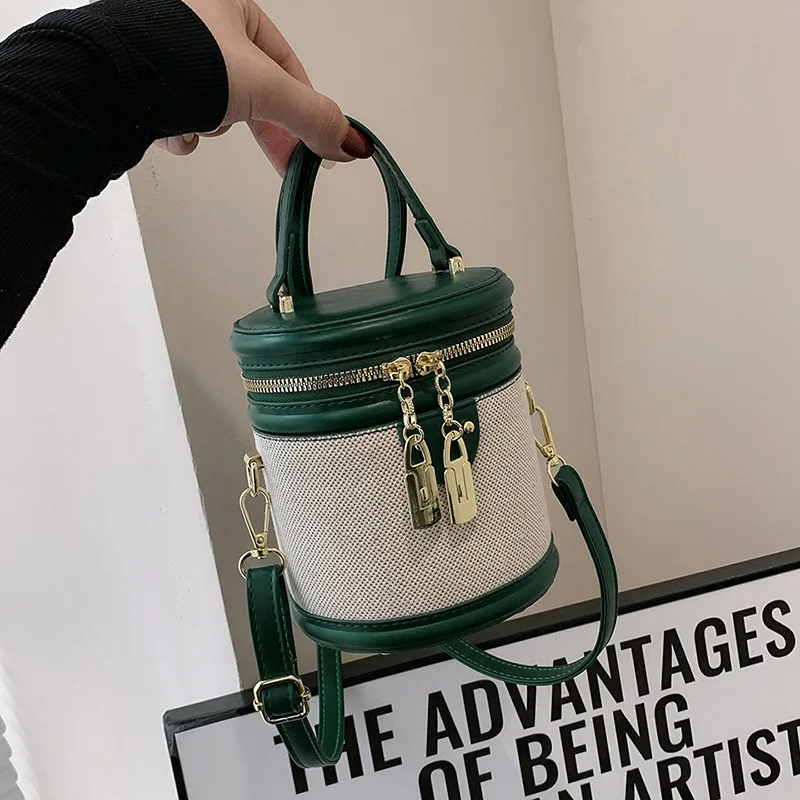Retro Bucket Bag for Women 2023 New Handheld Fashion Contrast Color Cylinder Bag Canvas Spliced PU One Shoulder Crossbody Bag