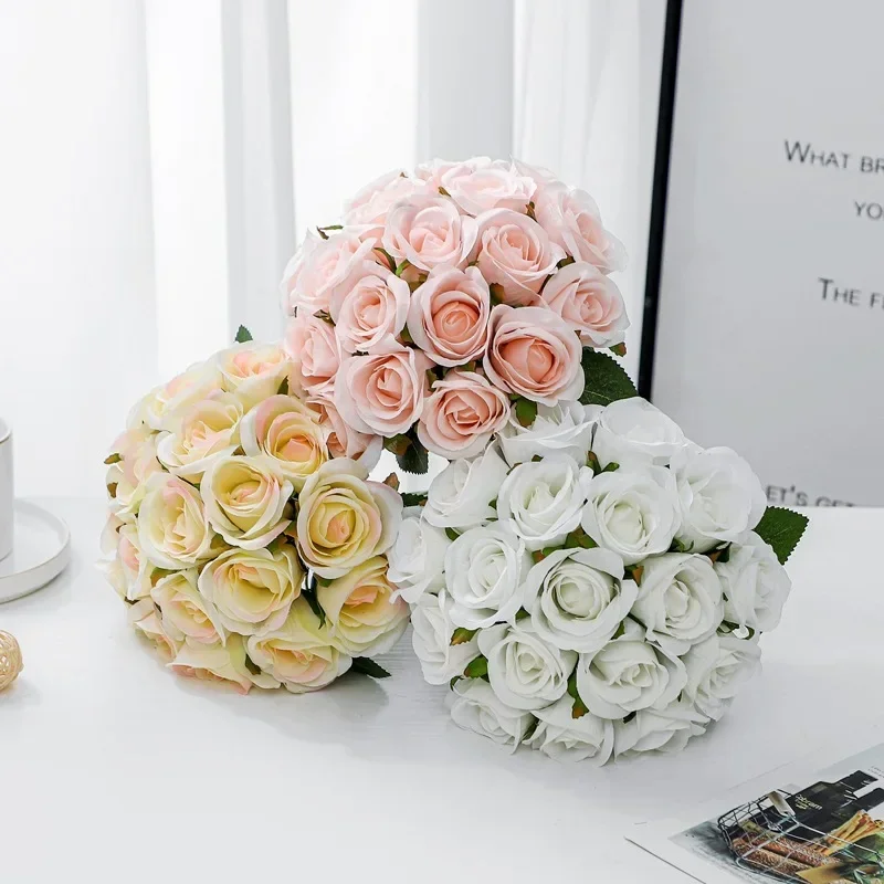 26CM Artificial Bouquet with 18 Bridal Notes Rose Bouquet Home Decoration Wedding Photography Handmade DIY Flowers