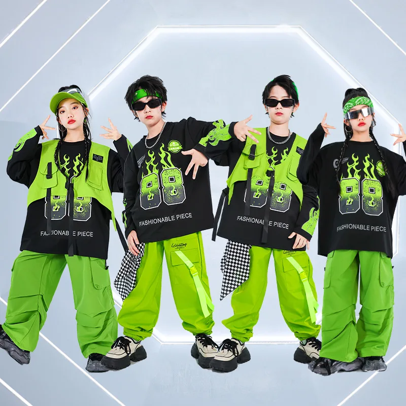 Mädchen Kpop Streetwear Sets Grüne Weste Sweatshirt Cargo Hosen Jungen Hip Hop Street Dance Kleidung Kinder Jazz Grün Kostüm