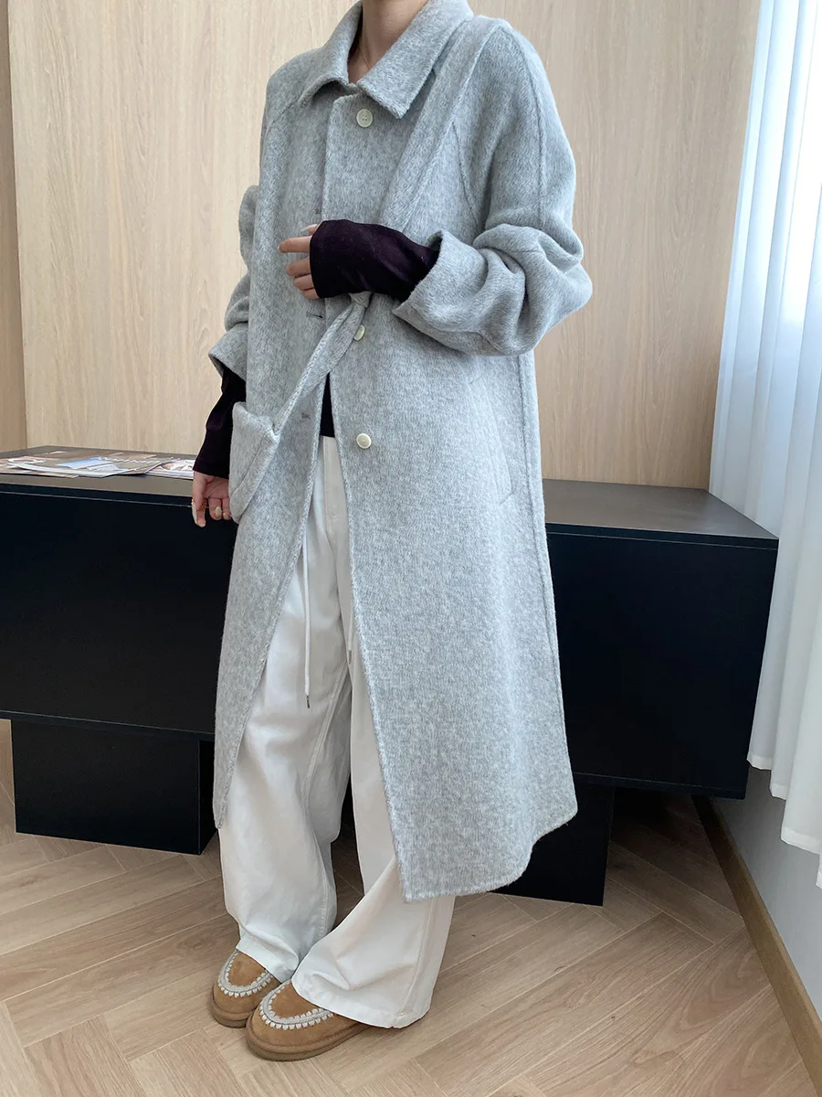 

Women's casual pure color temperament, simple style, relaxed feeling, shoulder sleeves, double-sided woolen coat jacket