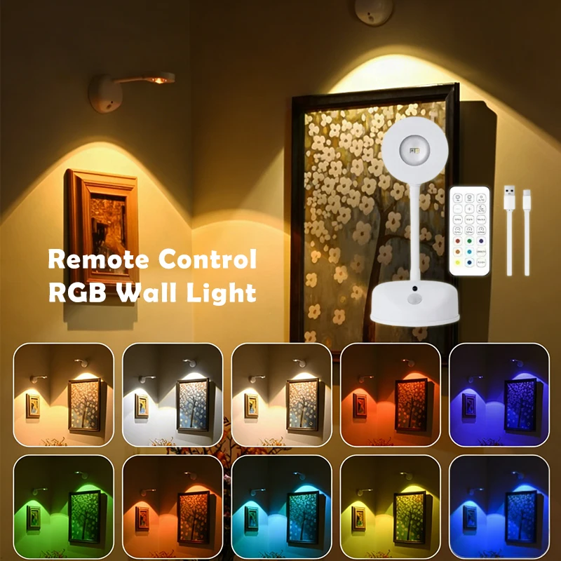 

Перезаряжаемый RGB LED настенный светильник с датчиком движения и беспроводным пультом управления, без проводки, для спальни, гостиной, прихожей