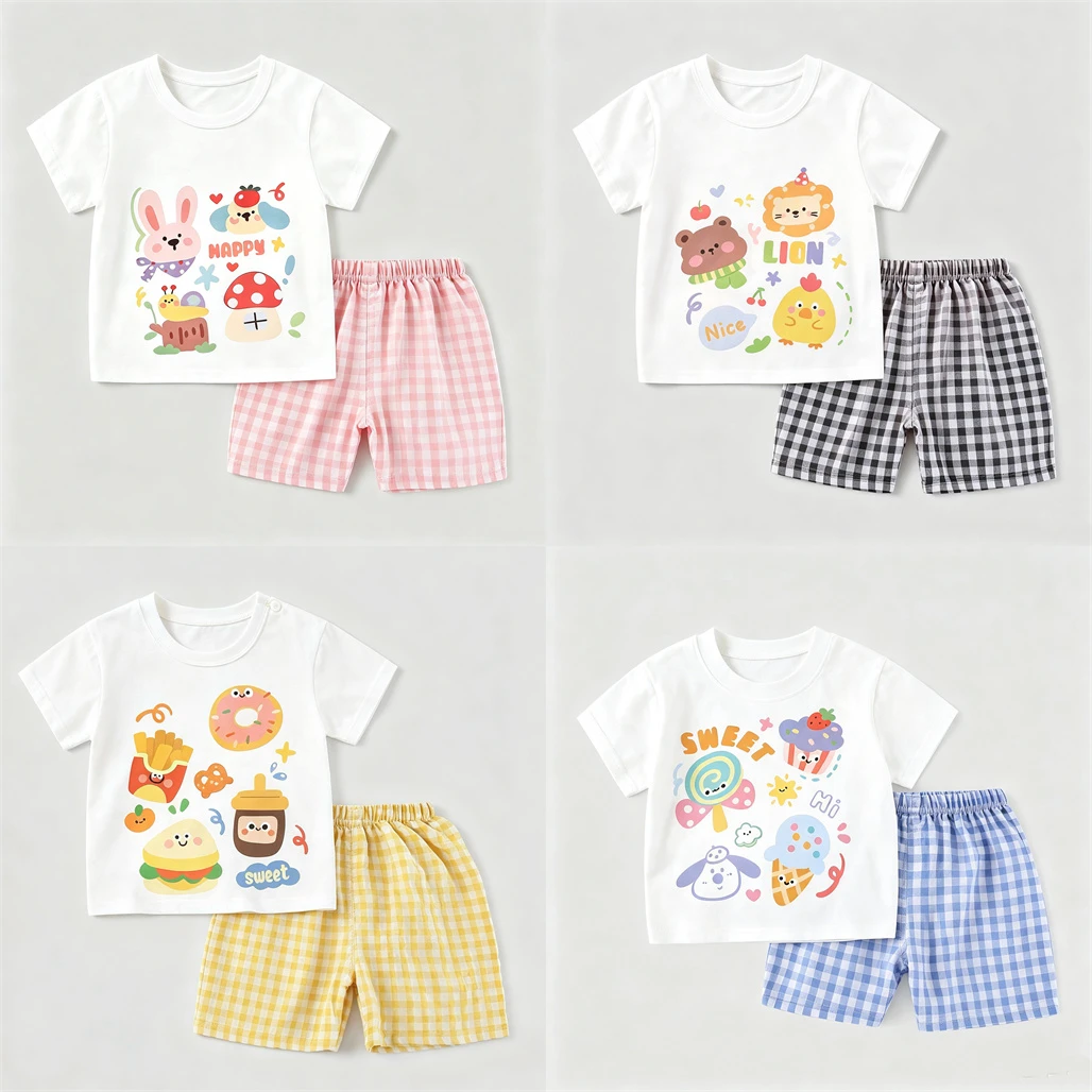 Children Cartoon TShirt Plaid Shorts Two Piece Set Casual Fashion Clothing Baby Printed Tees Simple Versatile Shorts 2Piece Set