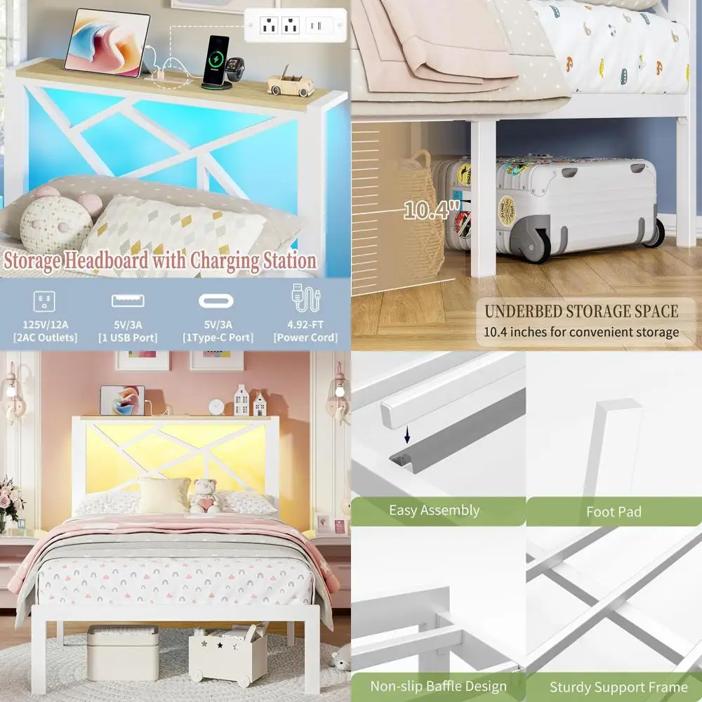 

Белый двойной металлический каркас кровати с USB-портами, светодиодной подсветкой, деревянным изголовьем и хранилищем под кроватью — без коробчатой пружины, простая сборка