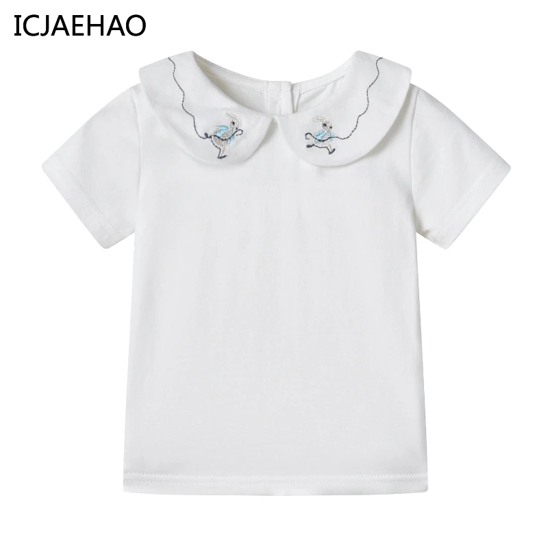 

ICJAEHAO 2024 Girls' Short-sleeved T-shirt Summer New Embroidered Doll Collar Top Thin Baby Young Children All-match White Base