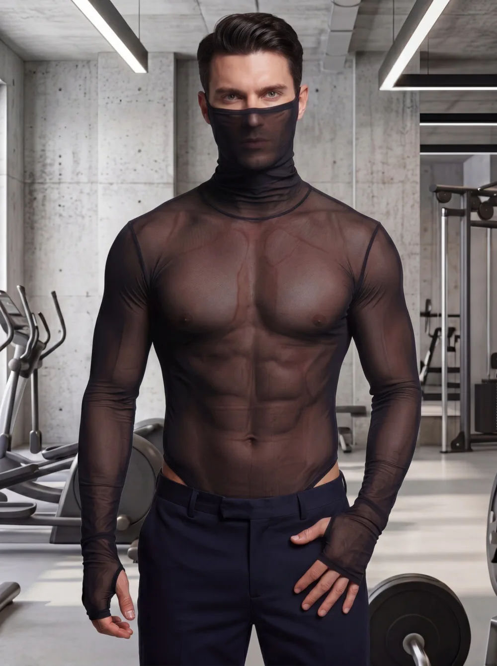 Men's Sexy Transparent High Neck Bodysuit Tight Elastic Fashion Trendy Stage Performance