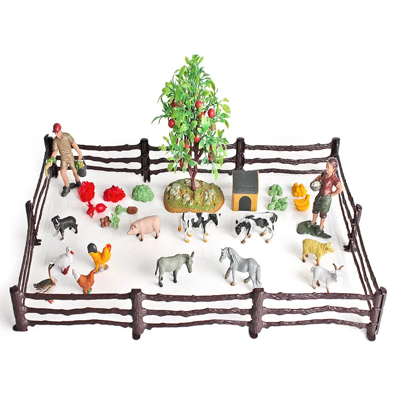 

36PCS Mini Farm Scene Miniature Model Chicken Duck Goose Fruit Tree Dog House Farmer Fence Sand Table Simulation Decorations