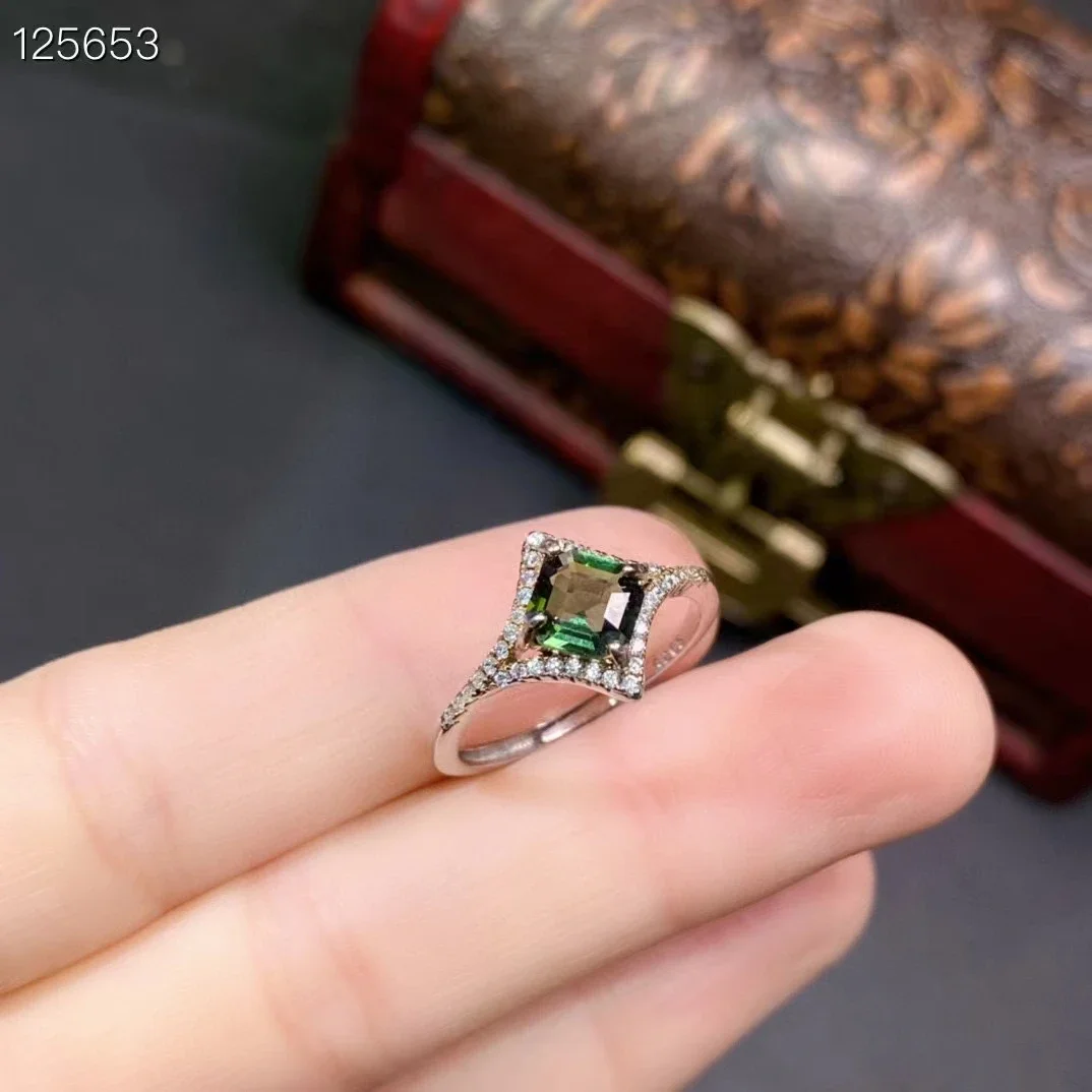 

100% Natural Green Tourmaline Ring for Engagement 6mm 0.8ct Tourmaline Silver Ring with Gold Plated Birthday Gift for Woman