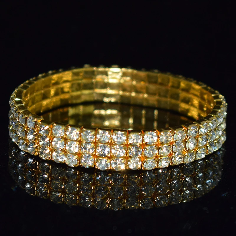 Klassisches mehrfach glänzendes Strass-Kristall-Stretch-Armband für Frauen und Mädchen, Braut, Hochzeit, elastisches Armband, Gold- und Silberfarbe – Detail 12
