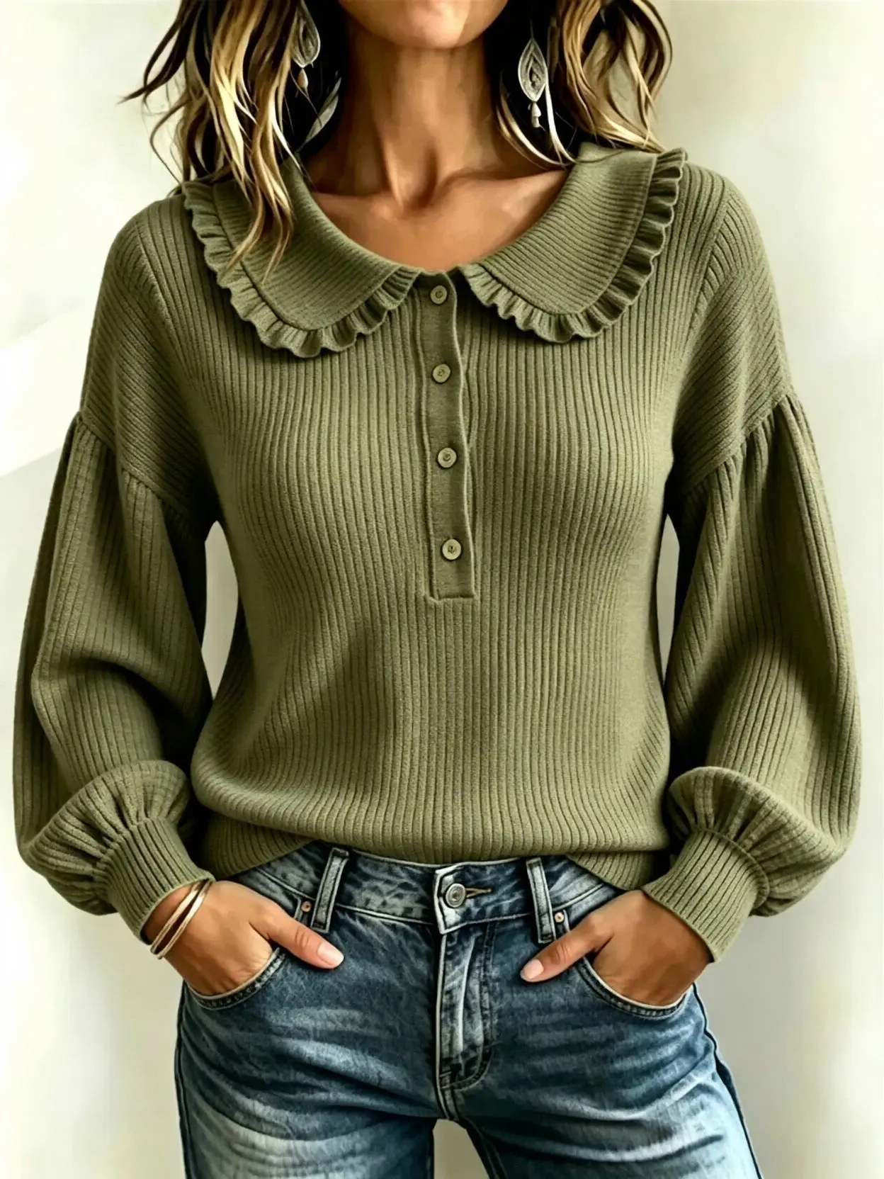 2026 Women's Oversized T-Shirt Round Neck Long Sleeve Ruffle Slim Solid Sweater Female Clothing Clothes Blouse Casual Sweater