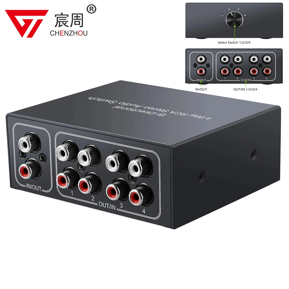 4 Way Bi-Directional RCA Stereo Audio Switch 1 In 4 Out or 4 In 1 Out L/R Jack Sound Channel RCA Audio Switcher Selector Splitte