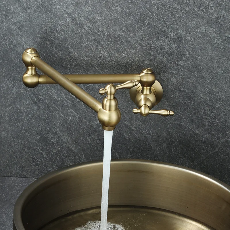 Retro Antique All‑Copper Wall‑Mounted Single‑Cold Faucet, Telescopic Rotatable Folding Tap for Kitchen Sink Stove