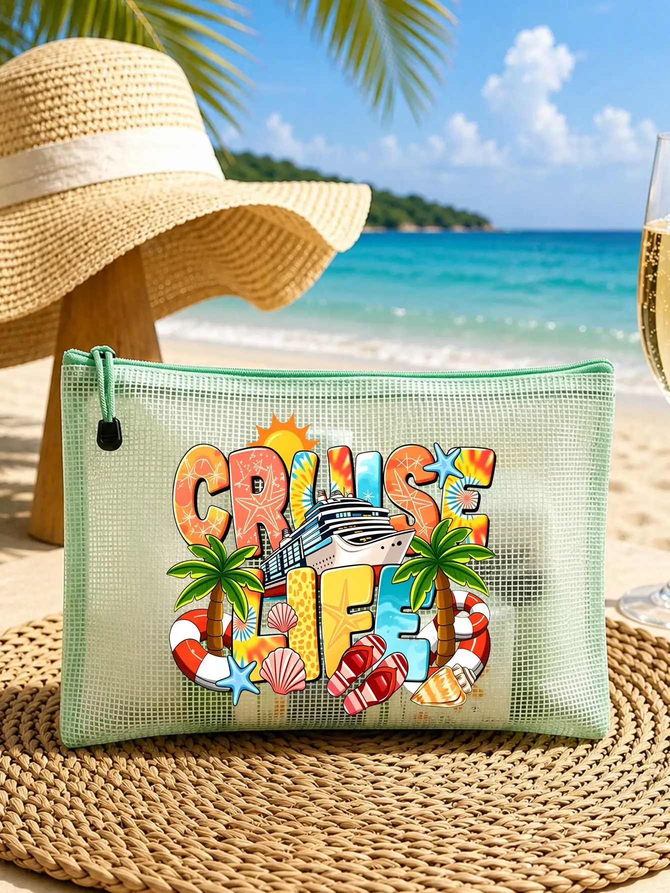 

Waterproof Fashion Beach Bag With "CRUISE LIFE" Palm Tree Print, Lightweight Multifunctional Storage Bag, Large Capacity Transparent Cosmetic Bag With Nylon Zipper, Mesh Portable Makeup Bag, Suitable For Spring And Summer Storage, Durable, Perfect For Swi