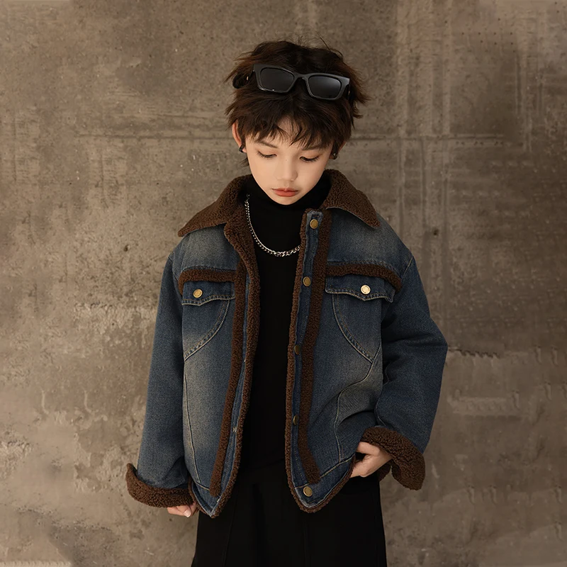 

Boys Denim Parka Kids Warm Fur Lining Jacket Turn Down Collar Outwear for Toddler Children Cowboy Coat Cardigan Winter New