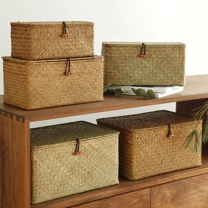 Ins Storage Baskets with Lid Rectangle Seaweed Weaving Box Clothes Laundry Basket Sundries Storage Box Household Tidy Organizer