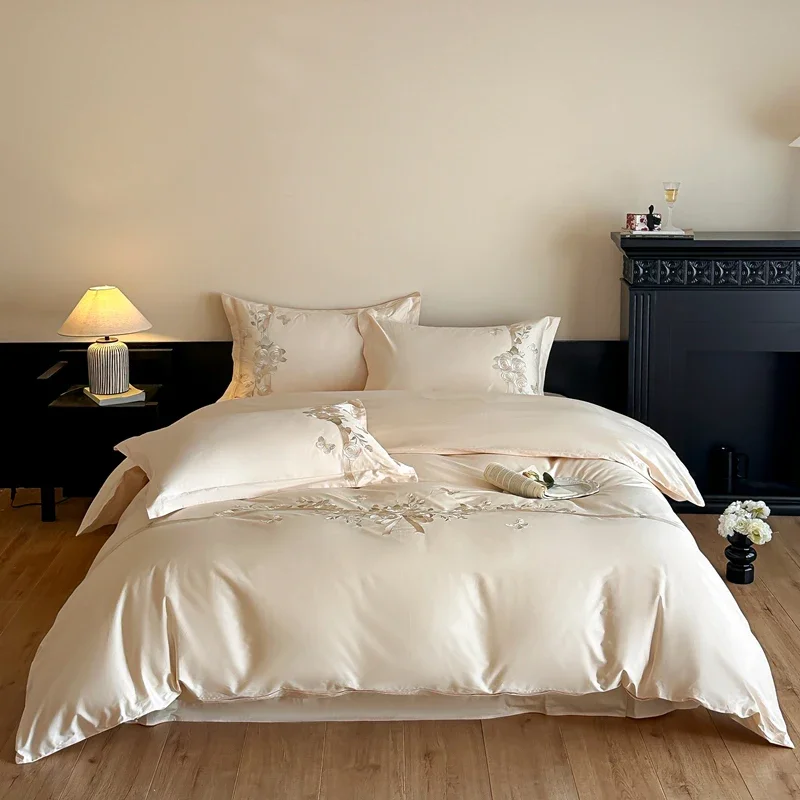 Svetanya Embroidery Cotton Bedding Set Underwear Duvet Cover Set Bed Linens Solid Color