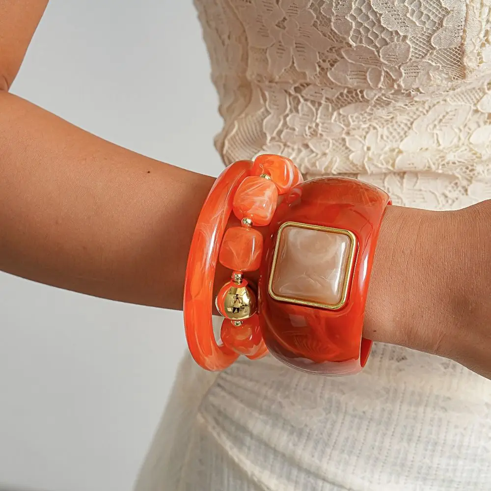 3 Pcs/Set Resin Acrylic Resin Bangle Set Square Round Vintage Finish Vintage Square Bracelet Ombre Dye Boho Style