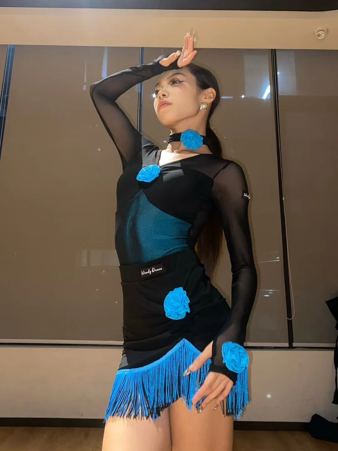 2025 Costumi di performance di danza latina per le donne Top in rete a maniche lunghe Nappe blu Gonne Pratica vestito Abbigliamento latino DQS17908