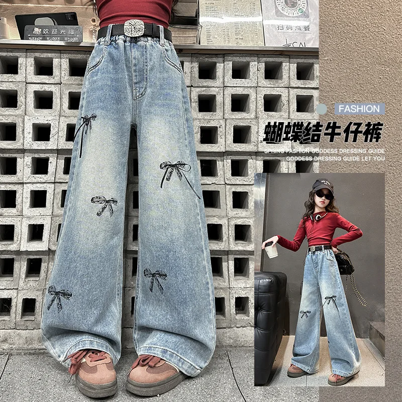 

Girls' Jeans 2025 Spring New Teenager Children's Three-dimensional Bow Denim Pants Kids Straight Leg Loose Wide-leg Trousers