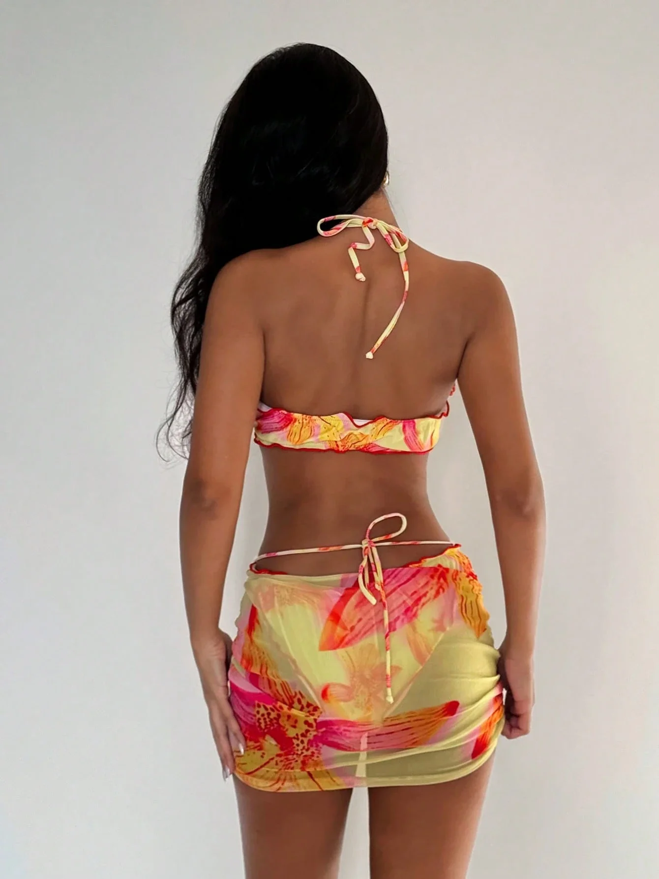 

Vibrant Yellow Floral 3-Piece Swimsuit Set: Ruffled Halter Top, High-Waist Shorts, Tie-Front Sheer Skirt For Summer Beach Wear