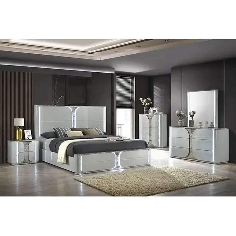 Modern High Gloss Light Gray 5 Piece Bedroom Furniture Set Queen King Bed Nightstand Assembled Wooden Storage Suite
