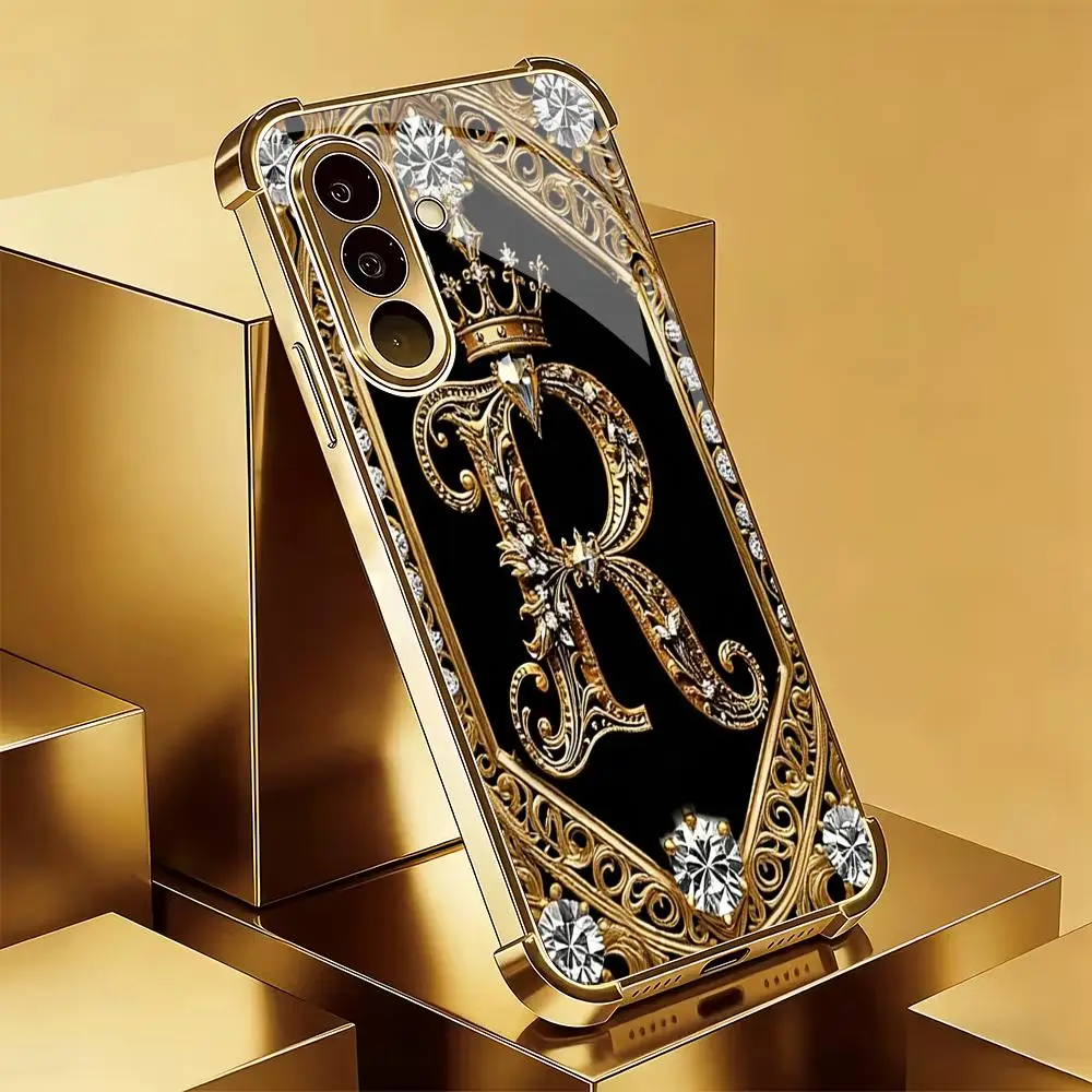 Diamond studded letter R electroplated glass phone case suitable for Samsung GalaxyS26 S25 S24 S22 S21 S20FE/Ultra/Plus antidrop - view 2