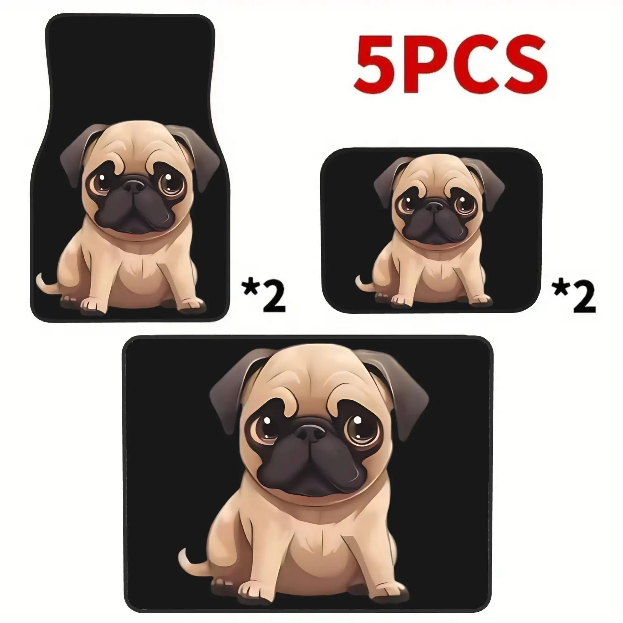 2D Flat Printing 5pcs Cute Sitting Pug Dog Printed Car Mats Set (4 Floor Mats + 1 Trunk Mat), Made Of Durable Elegant Interior P