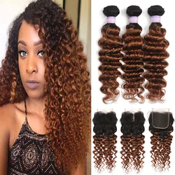 Ombre Brown Deep Wave Human Hair Bundles With Closure 4x4  Brazilian Non-Remy Colored Hair Weave Extensions 3PCS Kemy Hair