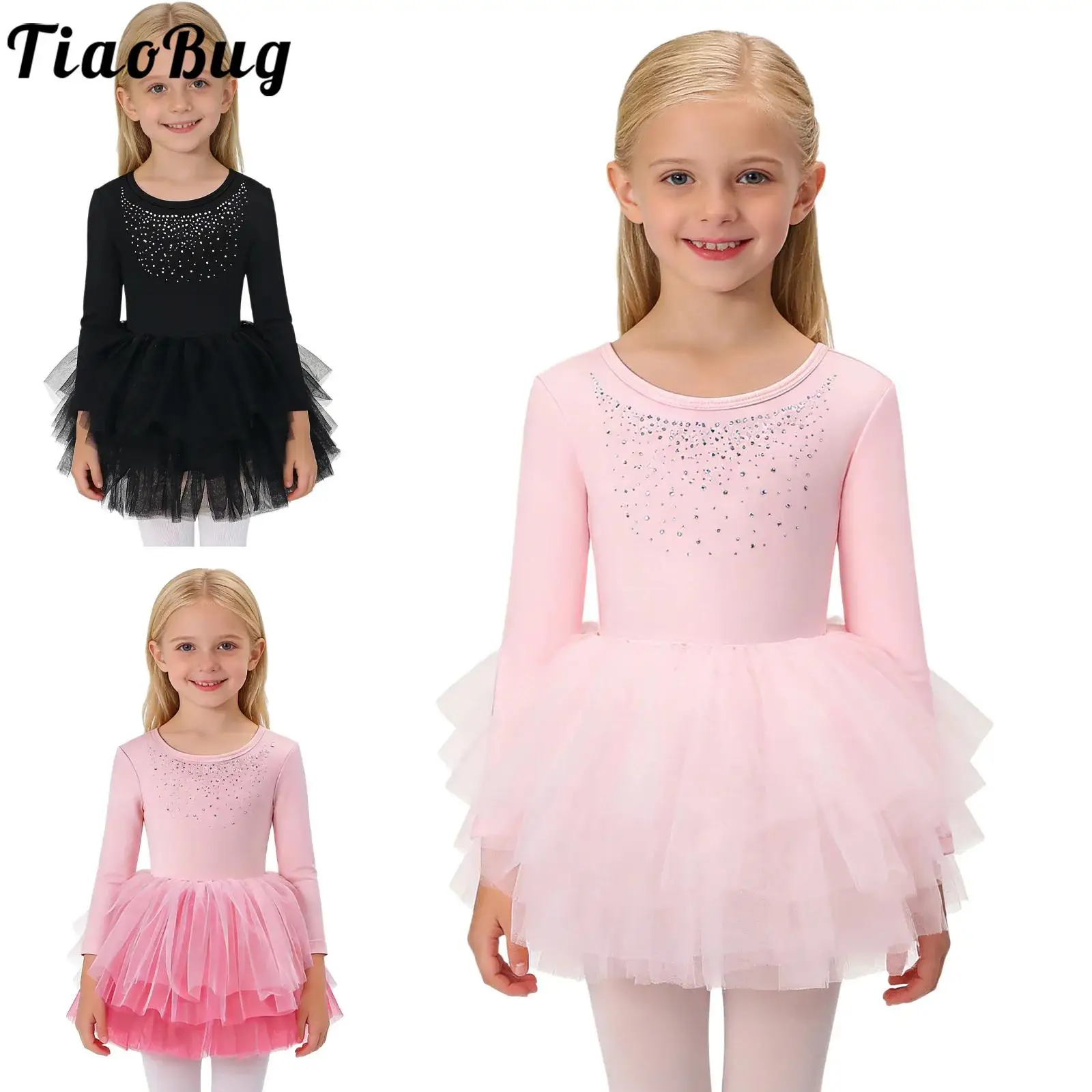 

Kids Girls Ballet Jersey Dance Tutu Dress Long Sleeve Glittery Rhinestones Tulle Dresses Leotard for Skating Gymnastics Practice