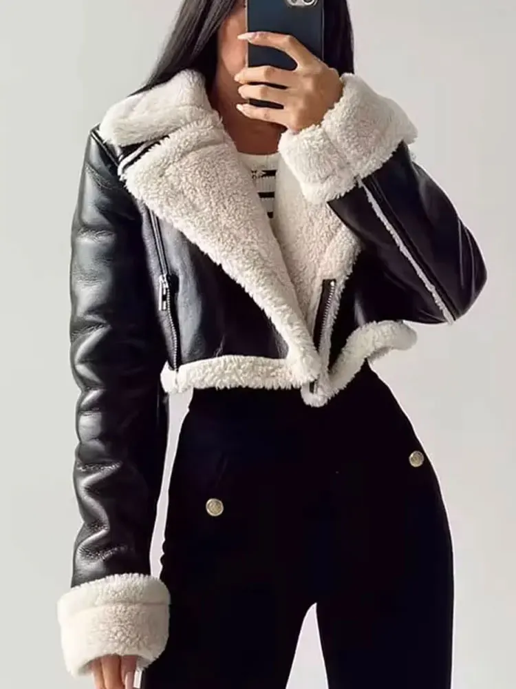 Winter Coat For Women 2024 Black Lapel Long Sleeves Female Zipper Short Jackets Top Streetwear Woman New In OuterCoat