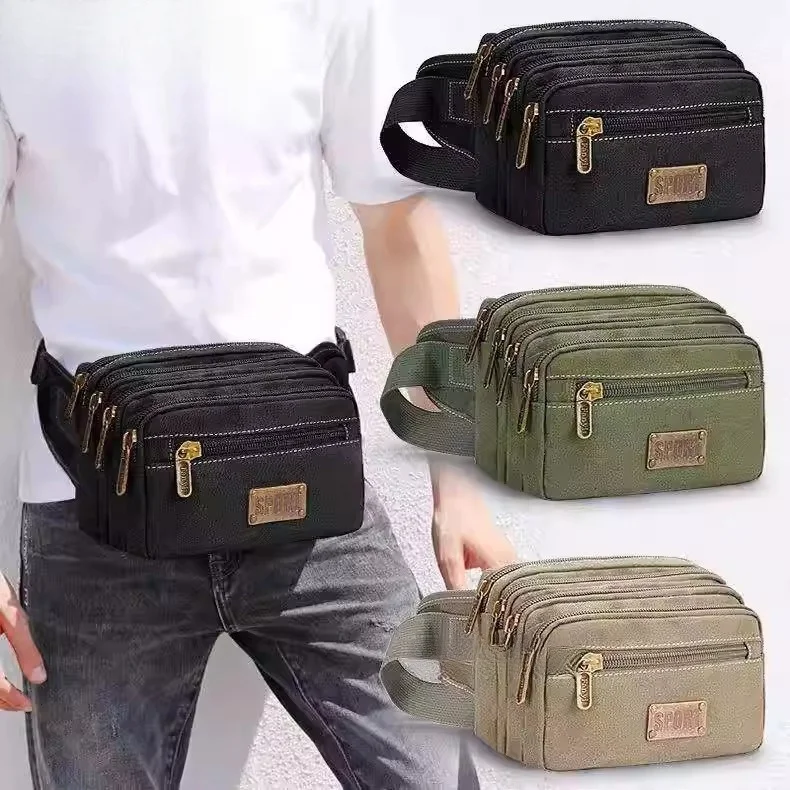 

Large Capacity Multilayer Waist Bag Casual Men's Women's Business Use Leather Wallet Multi-functional Soft Canvas Waist Pouch