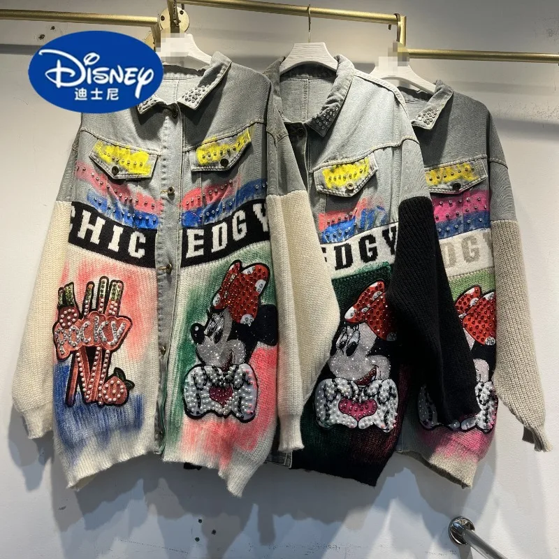 

Женская осенне-зимняя новая вязаная джинсовая куртка Disney 2025 года, свободное модное пальто с шипами и кристаллами