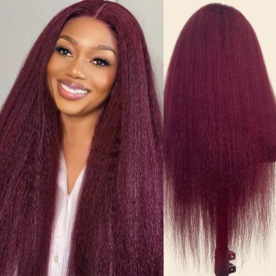 

220% Density 99J Burgundy Kinky Straight 13x4 Lace Front Wig Human Hair Brazilian Remy Hair 13x6 Lace Frontal Wig For Women