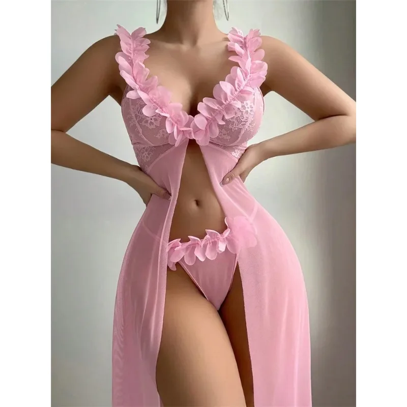Pink Floral Sexy Nighties Women Babydolls Lingerie Dress Exotic Slip Nightdress Deep-V Lace Mesh See Through Nightgowns