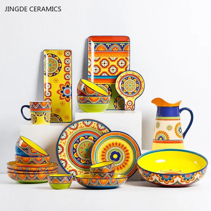 1 шт., американская креативная керамическая Салатница, ручная роспись, стандартная керамическая тарелка, бытовая миска для лапши, кухонные обеденные тарелки