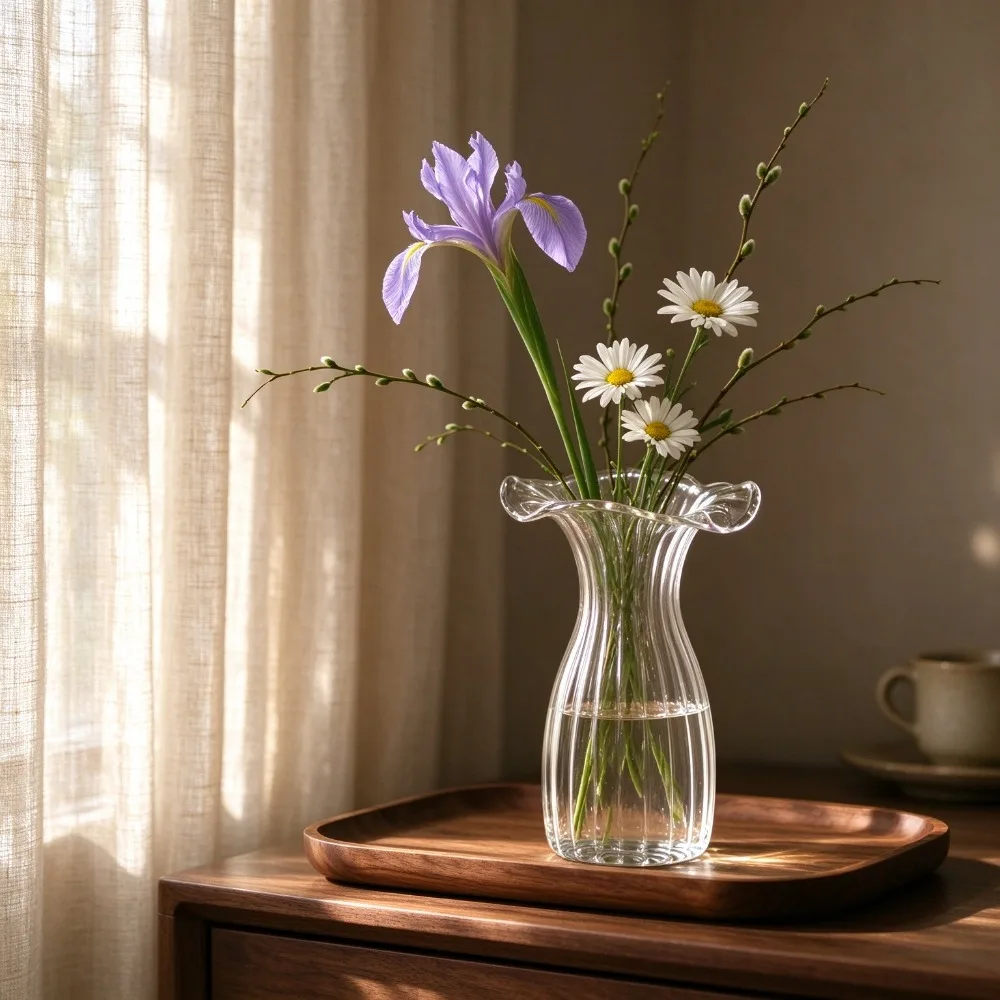 Ruffled Flared Rim Ribbed Glass Vase Clear Hydroponic Flower Vessel Nordic Desktop Centerpiece for Wedding Home Table Decor